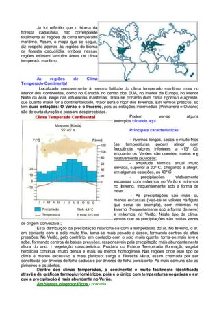 Já foi referido que o bioma da
floresta caducifólia, não corresponde
totalmente às regiões de clima temperado
marítimo. Assim, o mapa que se segue,
diz respeito apenas às regiões do bioma
de floresta caducifólia, embora nessas
regiões estejam também áreas de clima
temperado marítimo.
As regiões de Clima
Temperado Continental
Localizado sensivelmente à mesma latitude do clima temperado marítimo, mas no
interior dos continentes, como no Canadá, no centro dos EUA, no interior da Europa, no interior
Norte da Ásia, longe das influências marítimas. Trata-se portanto dum clima rigoroso e agreste,
que quanto maior for a continentalidade, maior será o rigor dos Invernos. Em termos práticos, só
tem duas estações: O Verão e o Inverno, pois as estações intermédias (Primavera e Outono)
são de curta duração e passam despercebidas.
Podem ver-se alguns
exemplos clicando aqui.
Principais características:
- Invernos longos, secos e muito frios
(as temperaturas podem atingir com
frequência valores inferiores a -15º C),
enquanto os Verões são quentes, curtos e e
relativamente pluviosos;
- amplitude térmica anual muito
elevada, superior a 20º C, chegando a atingir,
em algumas estações, os 40º C;
- precipitações relativamente
escassas com máximos no Verão e mínimos
no Inverno, frequentemente sob a forma de
neve;
- As precipitações são mais ou
menos escassas (veja-se os valores na figura
que serve de exemplo), com mínimos no
Inverno (frequentemente sob a forma de neve)
e máximos no Verão. Neste tipo de clima,
vemos que as precipitações são muitas vezes
de origem convectiva ;
Esta distribuição da precipitação relaciona-se com a temperatura do ar. No Inverno, o ar,
em contacto com o solo muito frio, torna-se mais pesado e desce, formando centros de altas
pressões. No Verão, pelo contrário, em contacto com o solo muito quente, torna-se mais leve e
sobe, formando centros de baixas pressões, responsáveis pela precipitação mais abundante nesta
altura do ano. - vegetação característica: Pradaria ou Estepe Temperada (formação vegetal
herbácea contínua, muito densa e mais ou menos homogénea. Nas regiões onde este tipo de
clima é menos excessivo e mais pluvioso, surge a Floresta Mista, assim chamada por ser
constituída por árvores de folha caduca e por árvores de folha persistente. As mais comuns são os
pinheiros e os abetos.
Dentro dos climas temperados, o continental é muito facilmente identificado
através de gráficos termopluviométricos, pois é o único com temperaturas negativas e em
que a precipitação é mais abundante no Verão.
Ambientes biogeográficos - pradaria
 