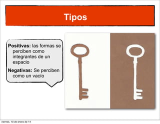 Tipos
Positivas: las formas se
perciben como
integrantes de un
espacio
Negativas: Se perciben
como un vacío

viernes, 10 de enero de 14

 