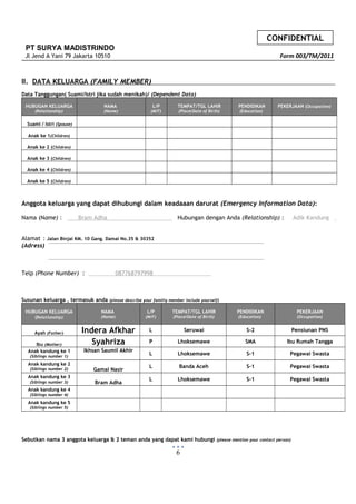 CONFIDENTIAL
PT SURYA MADISTRINDO
Jl Jend A Yani 79 Jakarta 10510 Form 003/TM/2011
II. DATA KELUARGA (FAMILY MEMBER)
Data Tanggungan( Suami/Istri jika sudah menikah)/ (Dependent Data)
HUBUGAN KELUARGA
(Relationship)
NAMA
(Name)
L/P
(M/F)
TEMPAT/TGL LAHIR
(Place/Date of Birth)
PENDIDIKAN
(Education)
PEKERJAAN (Occupation)
Suami / Istri (Spouse)
Anak ke 1(Children)
Anak ke 2 (Children)
Anak ke 3 (Children)
Anak ke 4 (Children)
Anak ke 5 (Children)
Anggota keluarga yang dapat dihubungi dalam keadaaan darurat (Emergency Information Data):
Nama (Name) : Bram Adha Hubungan dengan Anda (Relationship) : Adik Kandung
.
Alamat : Jalan Binjai KM. 10 Gang. Damai No.35 & 30352
(Adress)
Telp (Phone Number) : 087768797998 .
Susunan keluarga , termasuk anda (please describe your familiy member include yourself)
HUBUGAN KELUARGA
(Relationship)
NAMA
(Name)
L/P
(M/F)
TEMPAT/TGL LAHIR
(Place/Date of Birth)
PENDIDIKAN
(Education)
PEKERJAAN
(Occupation)
Ayah (Father) Indera Afkhar L Seruwai S-2 Pensiunan PNS
Ibu (Mother) Syahriza P Lhoksemawe SMA Ibu Rumah Tangga
Anak kandung ke 1
(Siblings number 1)
Ikhsan Saumil Akhir
L Lhoksemawe S-1 Pegawai Swasta
Anak kandung ke 2
(Siblings number 2) Gamal Nasir
L Banda Aceh S-1 Pegawai Swasta
Anak kandung ke 3
(Siblings number 3) Bram Adha
L Lhoksemawe S-1 Pegawai Swasta
Anak kandung ke 4
(Siblings number 4)
Anak kandung ke 5
(Siblings number 5)
Sebutkan nama 3 anggota keluarga & 2 teman anda yang dapat kami hubungi (please mention your contact person)
6
 