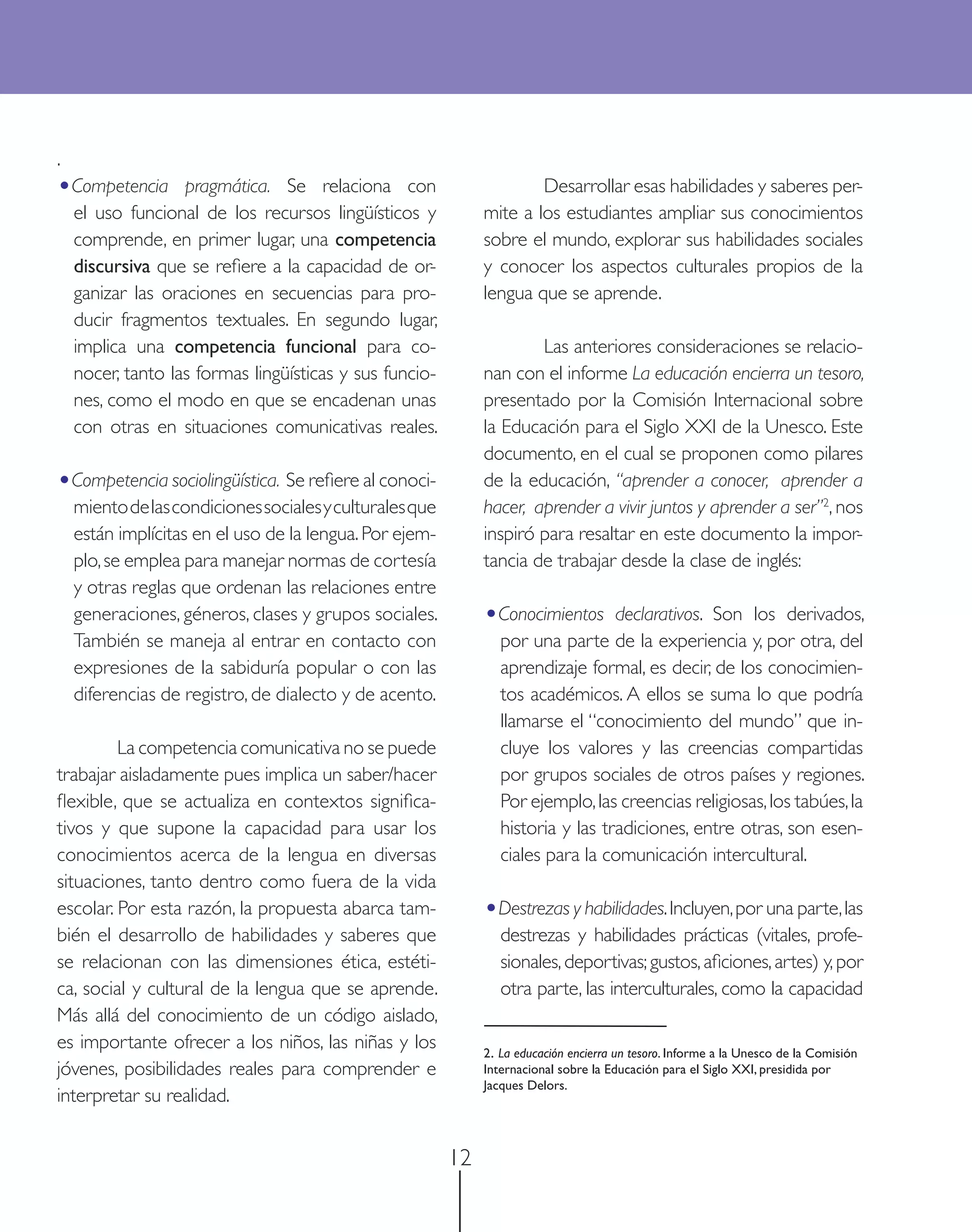 .
•Competencia       pragmática. Se relaciona con                        Desarrollar esas habilidades y saberes per-
    el uso funcional de los recursos lingüísticos y            mite a los estudiantes ampliar sus conocimientos
    comprende, en primer lugar, una competencia                sobre el mundo, explorar sus habilidades sociales
    discursiva que se reﬁere a la capacidad de or-             y conocer los aspectos culturales propios de la
    ganizar las oraciones en secuencias para pro-              lengua que se aprende.
    ducir fragmentos textuales. En segundo lugar,
    implica una competencia funcional para co-                         Las anteriores consideraciones se relacio-
    nocer, tanto las formas lingüísticas y sus funcio-         nan con el informe La educación encierra un tesoro,
    nes, como el modo en que se encadenan unas                 presentado por la Comisión Internacional sobre
    con otras en situaciones comunicativas reales.             la Educación para el Siglo XXI de la Unesco. Este
                                                               documento, en el cual se proponen como pilares
•Competencia sociolingüística. Se reﬁere al conoci-            de la educación, “aprender a conocer, aprender a
    miento de las condiciones sociales y culturales que        hacer, aprender a vivir juntos y aprender a ser”2, nos
    están implícitas en el uso de la lengua. Por ejem-         inspiró para resaltar en este documento la impor-
    plo, se emplea para manejar normas de cortesía             tancia de trabajar desde la clase de inglés:
    y otras reglas que ordenan las relaciones entre
    generaciones, géneros, clases y grupos sociales.           •Conocimientos      declarativos. Son los derivados,
    También se maneja al entrar en contacto con                   por una parte de la experiencia y, por otra, del
    expresiones de la sabiduría popular o con las                 aprendizaje formal, es decir, de los conocimien-
    diferencias de registro, de dialecto y de acento.             tos académicos. A ellos se suma lo que podría
                                                                  llamarse el “conocimiento del mundo” que in-
         La competencia comunicativa no se puede                  cluye los valores y las creencias compartidas
trabajar aisladamente pues implica un saber/hacer                 por grupos sociales de otros países y regiones.
ﬂexible, que se actualiza en contextos signiﬁca-                  Por ejemplo, las creencias religiosas, los tabúes, la
tivos y que supone la capacidad para usar los                     historia y las tradiciones, entre otras, son esen-
conocimientos acerca de la lengua en diversas                     ciales para la comunicación intercultural.
situaciones, tanto dentro como fuera de la vida
escolar. Por esta razón, la propuesta abarca tam-              •Destrezas y habilidades. Incluyen, por una parte, las
bién el desarrollo de habilidades y saberes que                   destrezas y habilidades prácticas (vitales, profe-
se relacionan con las dimensiones ética, estéti-                  sionales, deportivas; gustos, aﬁciones, artes) y, por
ca, social y cultural de la lengua que se aprende.                otra parte, las interculturales, como la capacidad
Más allá del conocimiento de un código aislado,
es importante ofrecer a los niños, las niñas y los             2. La educación encierra un tesoro. Informe a la Unesco de la Comisión
jóvenes, posibilidades reales para comprender e                Internacional sobre la Educación para el Siglo XXI, presidida por
                                                               Jacques Delors.
interpretar su realidad.


                                                          12
 