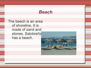 Beach The beach is an area of shoreline. It is made of sand and stones. Salobreña has a beach. 