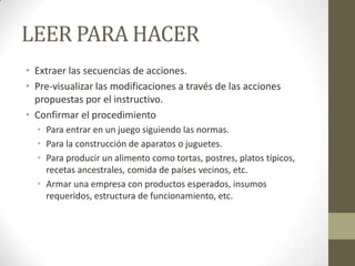 LEER PARA HACER
• Extraer las secuencias de acciones.
• Pre-visualizar las modificaciones a través de las acciones
propuestas por el instructivo.
• Confirmar el procedimiento
• Para entrar en un juego siguiendo las normas.
• Para la construcción de aparatos o juguetes.
• Para producir un alimento como tortas, postres, platos típicos,
recetas ancestrales, comida de países vecinos, etc.
• Armar una empresa con productos esperados, insumos
requeridos, estructura de funcionamiento, etc.
 