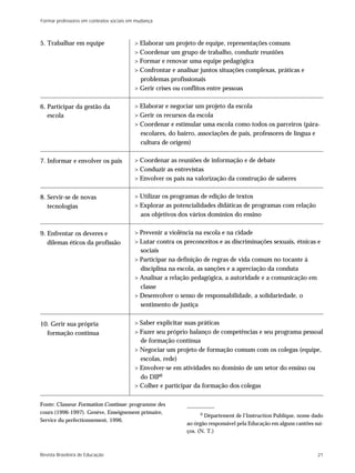 Formar professores em contextos sociais em mudança



5. Trabalhar em equipe                   > Elaborar um projeto de equipe, representações comuns
                                         > Coordenar um grupo de trabalho, conduzir reuniões
                                         > Formar e renovar uma equipe pedagógica
                                         > Confrontar e analisar juntos situações complexas, práticas e
                                           problemas profissionais
                                         > Gerir crises ou conflitos entre pessoas

6. Participar da gestão da               > Elaborar e negociar um projeto da escola
   escola                                > Gerir os recursos da escola
                                         > Coordenar e estimular uma escola como todos os parceiros (pára-
                                           escolares, do bairro, associações de pais, professores de língua e
                                           cultura de origem)

7. Informar e envolver os pais           > Coordenar as reuniões de informação e de debate
                                         > Conduzir as entrevistas
                                         > Envolver os pais na valorização da construção de saberes

8. Servir-se de novas                    > Utilizar os programas de edição de textos
   tecnologias                           > Explorar as potencialidades didáticas de programas com relação
                                           aos objetivos dos vários domínios do ensino

9. Enfrentar os deveres e                > Prevenir a violência na escola e na cidade
   dilemas éticos da profissão           > Lutar contra os preconceitos e as discriminações sexuais, étnicas e
                                           sociais
                                         > Participar na definição de regras de vida comum no tocante à
                                           disciplina na escola, as sanções e a apreciação da conduta
                                         > Analisar a relação pedagógica, a autoridade e a comunicação em
                                           classe
                                         > Desenvolver o senso de responsabilidade, a solidariedade, o
                                           sentimento de justiça


10. Gerir sua própria                    > Saber explicitar suas práticas
  formação contínua                      > Fazer seu próprio balanço de competências e seu programa pessoal
                                           de formação contínua
                                         > Negociar um projeto de formação comum com os colegas (equipe,
                                           escolas, rede)
                                         > Envolver-se em atividades no domínio de um setor do ensino ou
                                           do DIP6
                                         > Colher e participar da formação dos colegas

Fonte: Classeur Formation Continue: programme des
cours (1996-1997). Genève, Enseignement primaire,                6 Département de l’Instruction Publique, nome dado
Service du perfectionnement, 1996.
                                                            ao órgão responsável pela Educação em alguns cantões suí-
                                                            ços. (N. T.)



Revista Brasileira de Educação                                                                                    21
 