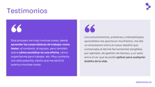 abstracta.us
Este proceso me trajo muchas cosas, desde
aprender las cosas básicas de trabajar como
tester, el contexto, el equipo, pero también
sobre cómo socializar en una oficina, cómo
organizarme para trabajar, etc. Muy contenta
con esta pasantía, siento que me abrió la
puerta a muchas cosas.
Los conocimientos, prácticas y metodologías
aprendidos me aportaron muchísimo, me dió
un entusiasmo extra al nuevo desafío que
comenzaba al darme herramientas tangibles,
por ejemplo, de gestión de tiempo, y un valor
extra al ver que se podía aplicar para cualquier
ámbito de la vida.
Testimonios
 