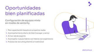 abstracta.us
Oportunidades
bien planificadas
1. Plan capacitación basado en proyectos reales
2. Acompañamiento diario de líder/manager o senior
3. Armar red de soporte
4. Acompañar nuevos líderes con líderes con experiencia
5. Proceso de recruiting distinto al tradicional
Configuración de equipos mixta
en niveles de seniority
 