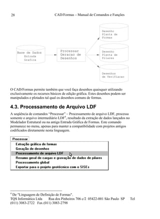 CAD/Formas – Manual de Comandos e Funções
TQS Informática Ltda Rua dos Pinheiros 706 c/2 05422-001 São Paulo SP Tel
(011) 3083-2722 Fax (011) 3083-2798
28
7
Geracao de
Desenhos
ProcessarBase de Dados
Entrada
Grafica
Desenho
Formas
Desenho
Pilares
de Verifiacao
Desenhos
Planta de
Planta de
O CAD/Formas permite também que você faça desenhos quaisquer utilizando
exclusivamente os recursos básicos de edição gráfica. Estes desenhos podem ser
manipulados e plotados tal qual os desenhos comuns de formas.
4.3. Processamento de Arquivo LDF
A seqüência de comandos “Processar” – Processamento de arquivo LDF, processa
somente o arquivo intermediário LDF4
, resultado da extração de dados lançados no
Modelador Estrutural ou na antiga Entrada Gráfica de Formas. Este comando
permanece no menu, apenas para manter a compatibilidade com projetos antigos
codificados diretamente nesta linguagem.
4
De "Linguagem de Definição de Formas".
 