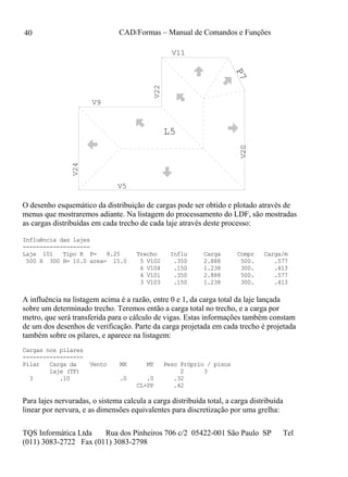 CAD/Formas – Manual de Comandos e Funções
TQS Informática Ltda Rua dos Pinheiros 706 c/2 05422-001 São Paulo SP Tel
(011) 3083-2722 Fax (011) 3083-2798
40
V5
V9
V11
V20
V24
V22
L5
P7
O desenho esquemático da distribuição de cargas pode ser obtido e plotado através de
menus que mostraremos adiante. Na listagem do processamento do LDF, são mostradas
as cargas distribuídas em cada trecho de cada laje através deste processo:
Influência das lajes
--------------------
Laje 101 Tipo R P= 8.25 Trecho Influ Carga Compr Carga/m
500 X 300 H= 10.0 area= 15.0 5 V102 .350 2.888 500. .577
6 V104 .150 1.238 300. .413
4 V101 .350 2.888 500. .577
3 V103 .150 1.238 300. .413
A influência na listagem acima é a razão, entre 0 e 1, da carga total da laje lançada
sobre um determinado trecho. Teremos então a carga total no trecho, e a carga por
metro, que será transferida para o cálculo de vigas. Estas informações também constam
de um dos desenhos de verificação. Parte da carga projetada em cada trecho é projetada
também sobre os pilares, e aparece na listagem:
Cargas nos pilares
------------------
Pilar Carga da Vento MX MY Peso Próprio / pisos
laje (TF) 2 3
3 .10 .0 .0 .32
CL+PP .42
Para lajes nervuradas, o sistema calcula a carga distribuída total, a carga distribuída
linear por nervura, e as dimensões equivalentes para discretização por uma grelha:
 