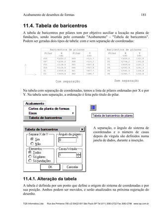 Acabamento de desenhos de formas 181
TQS Informática Ltda Rua dos Pinheiros 706 c/2 05422-001 São Paulo SP Tel (011) 3083-2722 Fax 3083-2798 www.tqs.com.br
11.4. Tabela de baricentros
A tabela de baricentros por pilares tem por objetivo auxiliar a locação na planta de
fundações, sendo inserida pelo comando "Acabamento" - "Tabela de baricentros".
Podem ser geradas dois tipos de tabela: com e sem separação de coordenadas:
(cm)
Baricentros de pilares
Pilar X Pilar Y
(cm)
-3249.0P50 P69 -515.7
-3230.0P47 P68 -515.7
-3128.4P31 P65 -507.9
-3128.4P25 P66 -507.9
-3009.4P1 P61 -407.7
-3009.4P3 P60 -388.7
(cm)
Baricentros de pilares
Pilar X Y
(cm)
-3009.4P1 1351.8
-2758.2P2 1351.8
-3009.4P3 1241.3
-2592.9P4 1241.3
-2592.9P5 1336.8
-2345.7P6 1332.8
Com separação Sem separação
Na tabela com separação de coordenadas, temos a lista de pilares ordenadas por X e por
Y. Na tabela sem separação, a ordenação é feita pelo título do pilar.
A separação, o ângulo do sistema de
coordenadas e o número de casas
depois da vírgula são definidos numa
janela de dados, durante a inserção.
11.4.1. Alteração da tabela
A tabela é definida por um ponto que define a origem do sistema de coordenadas e por
sua posição. Ambos podem ser movidos, e serão atualizados na próxima regeração do
desenho.
 