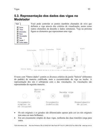 Vigas 93
TQS Informática Ltda Rua dos Pinheiros 706 c/2 05422-001 São Paulo SP Tel (011) 3083-2722 Fax 3083-2798 www.tqs.com.br
5.3. Representação dos dados das vigas no
Modelador
Você pode controlar os pontos (também chamados de nós) que
definem a viga através dos critérios de visualização, assim como
outros elementos de desenho e dados estruturais. Veja na próxima
figura os elementos que representam uma viga:
V1
20/50
V3 20/50
12/40 20/50
VFAIX NVERINT NPP BCM 50.00 TOR 2.00 FLE 2.00 NQBRLJESQ NQBRLJDIR
EXC-4
20/50
V2
FacesDimensõesTítulo
Eixos
Vinculações
Outros dados
Nós
O texto com "Outros dados" contém os diversos critérios da janela "Inércia" (diferentes
do padrão) de maneira codificada, mais a excentricidade da viga ou trecho. A
representação dos nós é sobreposta com a das vinculações. As vinculações são
representadas da seguinte maneira:
Cruzamento
simples ou
nó original
Cruzamento
Apoio em
Pilar
indefinido
Recebe viga
Engastamento
em pilar
 Os nós originais e os gerados são diferenciados apenas pela cor (os nós originais
tem uma cor mais brilhante).
 Em um cruzamento simples de duas vigas, nenhuma das duas transfere carga para
outra.
 