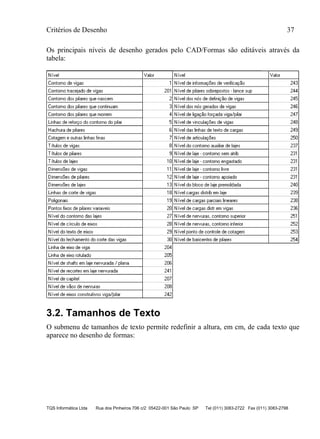 Critérios de Desenho 37
TQS Informática Ltda Rua dos Pinheiros 706 c/2 05422-001 São Paulo SP Tel (011) 3083-2722 Fax (011) 3083-2798
Os principais níveis de desenho gerados pelo CAD/Formas são editáveis através da
tabela:
3.2. Tamanhos de Texto
O submenu de tamanhos de texto permite redefinir a altura, em cm, de cada texto que
aparece no desenho de formas:
 