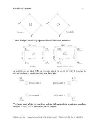 Critérios de Desenho 41
TQS Informática Ltda Rua dos Pinheiros 706 c/2 05422-001 São Paulo SP Tel (011) 3083-2722 Fax (011) 3083-2798
L4
h=8
L4
h=8
Normal Paralelo
Títulos de vigas, pilares e lajes podem ser colocados entre parênteses:
V1 20/50
V2 20/50
V320/50
V420/50
P1
20/20
P2
20/20
P3
20/20
P4
20/20
L1
h=10
(V1)
(V2)
(V3)
(V4)
(P1) (P2)
(P3) (P4)
(L1)
Normal Entre parenteses
(20/50)
(20/20)
(20/50)
(20/20) (20/20)
(20/20)
(20/50)
(h=10)
(20/50)
A identificação do pilar pode ser colocada acima ou abaixo do pilar, à esquerda ou
direita, conforme o número do quadrante fornecido:
P2
40/40
P2
40/40
P2
40/40
P2
40/40
QUADRANTE 1QUADRANTE 2
QUADRANTE 3 QUADRANTE 4
Você pode ainda afastar ou aproximar mais os títulos em relação aos pilares, usando os
critérios DXTTPL e DYTTPL do menu de alturas de texto.
 