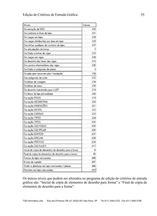 Edição de Critérios de Entrada Gráfica 55
TQS Informática Ltda Rua dos Pinheiros 706 c/2 05422-001 São Paulo SP Tel (011) 3083-2722 Fax (011) 3083-2798
Os únicos níveis que podem ser alterados no programa de edição de critérios de entrada
gráfica são: “Inicial de cópia de elementos de desenho para forma” e “Final de cópia de
elementos de desenho para a forma”.
 
