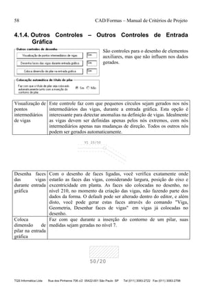 58 CAD/Formas – Manual de Critérios de Projeto
TQS Informática Ltda Rua dos Pinheiros 706 c/2 05422-001 São Paulo SP Tel (011) 3083-2722 Fax (011) 3083-2798
4.1.4. Outros Controles – Outros Controles de Entrada
Gráfica
São controles para o desenho de elementos
auxiliares, mas que não influem nos dados
gerados.
Visualização de
pontos
intermediários
de vigas
Este controle faz com que pequenos círculos sejam gerados nos nós
intermediários das vigas, durante a entrada gráfica. Esta opção é
interessante para detectar anomalias na definição de vigas. Idealmente
as vigas devem ser definidas apenas pelos nós extremos, com nós
intermediários apenas nas mudanças de direção. Todos os outros nós
podem ser gerados automaticamente.
V1 20/50
Desenha faces
das vigas
durante entrada
gráfica
Com o desenho de faces ligadas, você verifica exatamente onde
estarão as faces das vigas, considerando largura, posição do eixo e
excentricidade em planta. As faces são colocadas no desenho, no
nível 210, no momento da criação das vigas, não fazendo parte dos
dados da forma. O default pode ser alterado dentro do editor, e além
disto, você pode gerar estas faces através do comando "Viga,
Geometria, Desenhar faces de vigas" em vigas já colocadas no
desenho.
Coloca
dimensão de
pilar na entrada
gráfica
Faz com que durante a inserção do contorno de um pilar, suas
medidas sejam geradas no nível 7.
50/20
 