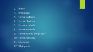 3. Índice
4. Introdução
5. Forma fusiforme
6. Forma cilíndrica
7. Forma achatada
8. Forma estrelada
9. Forma esférica ou globosa
10. Forma Alongada
11. Conclusão
12. Bibliografia
 