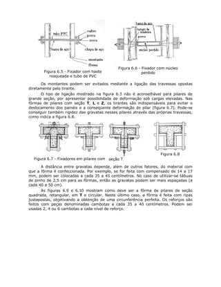 68
Figura 6.5 - Fixador com haste
rosqueada e tubo de PVC
Figura 6.6 - Fixador com núcleo
perdido
Os montantes podem ser evitados mediante a ligação das travessas opostas
diretamente pelo tirante.
O tipo de ligação mostrado na figura 6.3 não é aconselhável para pilares de
grande seção, por apresentar possibilidade de deformação sob cargas elevadas. Nas
fôrmas de pilares com seção T, L e Z, os tirantes são indispensáveis para evitar o
deslocamento dos painéis e a conseqüente deformação do pilar (figura 6.7). Pode-se
conseguir também rigidez das gravatas nesses pilares através das próprias travessas,
como indica a figura 6.8.
Figura 6.7 - Fixadores em pilares com seção T
Figura 6.8
A distância entre gravatas depende, além de outros fatores, do material com
que a fôrma é confeccionada. Por exemplo, se for feita com compensado de 14 a 17
mm, podem ser colocadas a cada 35 a 45 centímetros. No caso de utilizar-se tábuas
de pinho de 2,5 cm para as fôrmas, então as gravatas podem ser mais espaçadas (a
cada 40 a 50 cm).
As figuras 6.9 e 6.10 mostram como deve ser a fôrma de pilares de seção
quadrada, retangular, em T e circular. Neste último caso, a fôrma é feita com ripas
justapostas, objetivando a obtenção de uma circunferência perfeita. Os reforços são
feitos com peças denominadas cambotas a cada 35 a 40 centímetros. Podem ser
usadas 2, 4 ou 6 cambotas a cada nível de reforço.
 