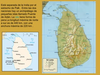 Está separada de la India por el estrecho de Palk . Entre las dos naciones hay un archipiélago de pequeñas islas llamado Puente de Adán. La  isla  tiene forma de pera.La longitud máxima de norte a sur es de 440 km, con una anchura máxima de 220 km . 