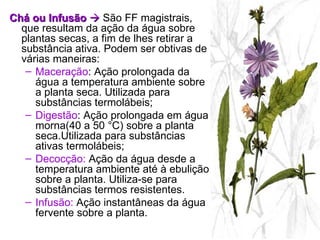 Chá ou Infusão      São FF magistrais, que resultam da ação da água sobre plantas secas, a fim de lhes retirar a substância ativa. Podem ser obtivas de várias maneiras: Maceração : Ação prolongada da água a temperatura ambiente sobre a planta seca. Utilizada para substâncias termolábeis; Digestão : Ação prolongada em água morna(40 a 50 °C) sobre a planta seca.Utilizada para substâncias ativas termolábeis; Decocção:  Ação da água desde a temperatura ambiente até à ebulição sobre a planta. Utiliza-se para substâncias termos resistentes.  Infusão:  Ação instantâneas da água fervente sobre a planta. 