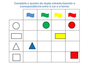 Completa o quadro de dupla entrada fazendo a
   correspondência entre a cor e a forma:
 