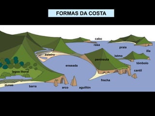 FORMAS DA COSTA
lagoa litoral
istmo
frecha
dunas
praia
illa
enseada
tómbolo
l
esteiro
cantil
península
cabo
rasa
arco
barra aguillón
 