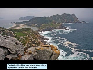 Costa das Illas Cíes, exposta cara ao océano
e protexida cara ao interior da Ría.
 