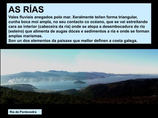 Ría de Pontevedra
AS RÍAS
Vales fluviais anegados polo mar. Xeralmente teñen forma triangular,
cunha boca moi ampla, no seu contacto co océano, que se vai estreitando
cara ao interior (cabeceira da ría) onde se atopa a desembocadura do río
(esteiro) que alimenta de augas dóces e sedimentos a ría e onde se forman
amplas marismas.
Son un dos elementos da paisaxe que mellor definen a costa galega.
 