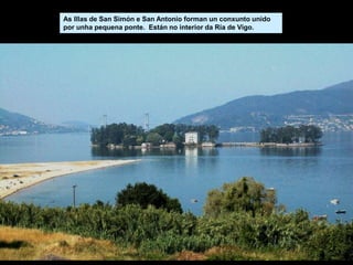 As Illas de San Simón e San Antonio forman un conxunto unido
por unha pequena ponte. Están no interior da Ría de Vigo.
 