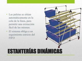 ESTANTERÍAS DINÁMICAS
• Las paletas se sitúan
automáticamente en la
cola de la línea, para
permitir una extracción
fácil de las mismas.
• El sistema obliga a un
seguimiento estricto del
FIFO
 
