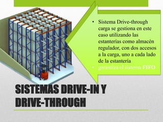 SISTEMAS DRIVE-IN Y
DRIVE-THROUGH
• El sistema de paletización
compacta Drive In está
desarrollado para almacenar
productos homogéneos, con
gran cantidad de pallets por
referencia.
• garantizando así el sistema
LIFO
• Sistema Drive-through
carga se gestiona en este
caso utilizando las
estanterías como almacén
regulador, con dos accesos
a la carga, uno a cada lado
de la estantería
• garantiza el sistema FIFO
 