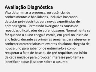 Avaliação Diagnóstica Visa determinar a presença, ou ausência, de conhecimentos e habilidades, inclusive buscando detectar pré-requisitos para novas experiências de aprendizagem. Permitindo averiguar as causas de repetidas dificuldades de aprendizagem. Normalmente se faz quando o aluno chega à escola, em geral no início do ano letivo, durante as primeiras semanas para observar e conhecer características relevantes do aluno; chegada de novo aluno para saber onde enturmá-lo e como recuperar a falta de base ou de pré-requisitos; no início de cada unidade para provocar interesse pelo tema e identificar o que já sabem sobre o assunto. 