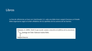 Libros
La lista de referencias se hace con interlineado 1,5, cada una debe tener sangría francesa y el listado
debe organizarse según el orden alfabético de los apellidos de los autores de las fuentes.
 