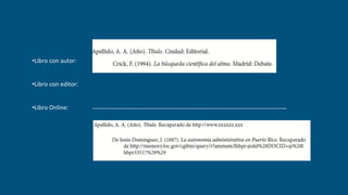 •Libro con autor:
•Libro con editor:
•Libro Online:
 