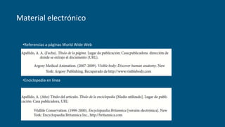 Material electrónico
•Referencias a páginas World Wide Web
•Enciclopedia en línea
 