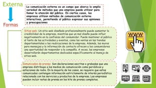 Externa La comunicación externa es un campo que abarca la amplia
variedad de métodos que una empresa puede utilizar para
llamar la atención del público. En ciertos casos, las
empresas utilizan métodos de comunicación externa
interactivos, permitiendo al público expresar sus opiniones
y preocupaciones
Un sitio web diseñado profesionalmente puede aumentar la
credibilidad de la empresa, mientras que un mal diseño puede influir
negativamente en la confianza del consumidor. Puede mantener al público
al tanto de las actividades y eventos, como las ventas en las tiendas
departamentales o las reubicaciones de la empresa. Además, las muros
para mensajes y la información de contacto ofrecen a los consumidores
una oportunidad de responder a la compañía. A veces, las empresas
desarrollarán departamentos dedicados específicamente al manejo de
sitios web.
Son declaraciones escritas o grabadas que una
empresa distribuye a los medios de comunicación como periódicos y
estaciones de radio. En la mayoría de los casos, se requiere que estos
comunicados contengan información estrictamente de interés periodístico
relacionada con los servicios y productos de la empresa. Las empresas
pueden incluir notas de prensa en los kits de prensa completos.
 
