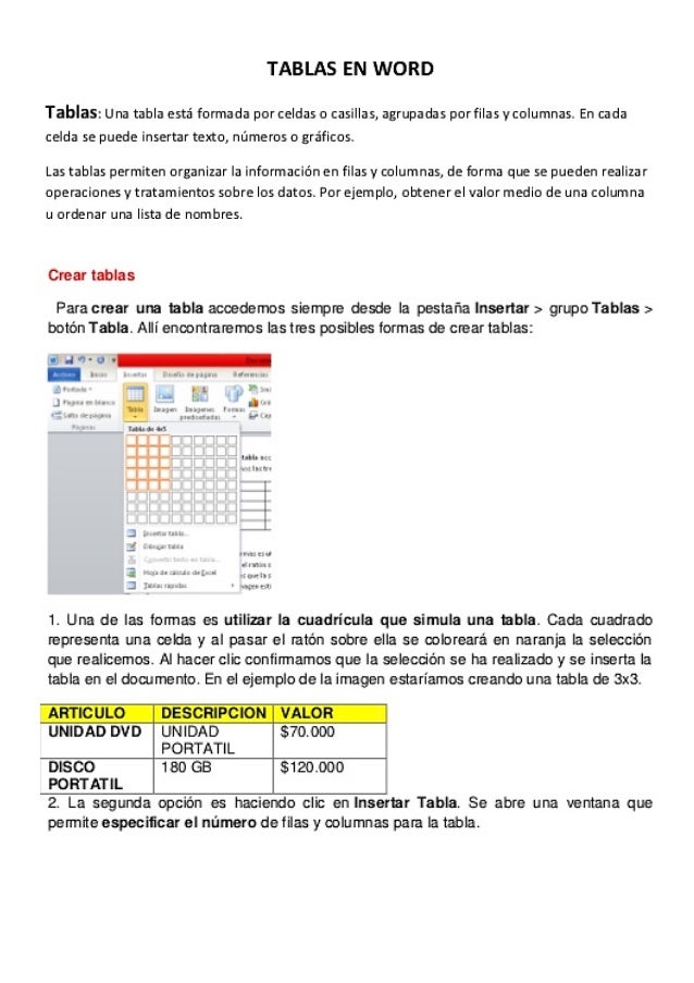 FORMAS DE CREAR UNA TABLA EN WORD, ejercicios en word