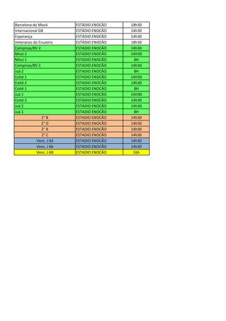 Barcelona do Mocó ESTÁDIO ENOCÃO 18h30
Internacional GB ESTÁDIO ENOCÃO 14h30
Esperança ESTÁDIO ENOCÃO 14h30
Veteranos do Cruzeiro ESTÁDIO ENOCÃO 18h30
Campinas/BV 2 ESTADIO ENOCÃO 14h30
Missi 2 ESTADIO ENOCÃO 14H30
Missi 1 ESTADIO ENOCÃO 8H
Campinas/BV 1 ESTADIO ENOCÃO 14h30
Juá 2 ESTADIO ENOCÃO 8H
Coité 1 ESTADIO ENOCÃO 14H30
Coité 2 ESTADIO ENOCÃO 14h30
Coité 1 ESTADIO ENOCÃO 8H
Juá 1 ESTADIO ENOCÃO 14H30
Coité 2 ESTADIO ENOCÃO 14h30
Juá 2 ESTADIO ENOCÃO 14h30
Juá 1 ESTADIO ENOCÃO 8H
2° B ESTADIO ENOCÃO 14h30
2° D ESTADIO ENOCÃO 14h30
2° A ESTADIO ENOCÃO 14h30
2° C ESTADIO ENOCÃO 14h30
Venc. J 64 ESTADIO ENOCÃO 14h30
Venc. J 66 ESTADIO ENOCÃO 14h30
Venc. J 68 ESTADIO ENOCÃO 16h
 