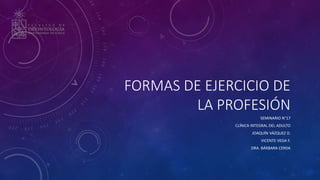 FORMAS DE EJERCICIO DE
LA PROFESIÓN
SEMINARIO N°17
CLÍNICA INTEGRAL DEL ADULTO
JOAQUÍN VÁZQUEZ D.
VICENTE VEGA F.
DRA. BÁRBARA CERDA
 