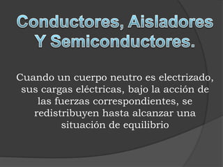 Conductores, AisladoresY Semiconductores.Cuando un cuerpo neutro es electrizado, sus cargas eléctricas, bajo la acción de las fuerzas correspondientes, se redistribuyen hasta alcanzar una situación de equilibrio