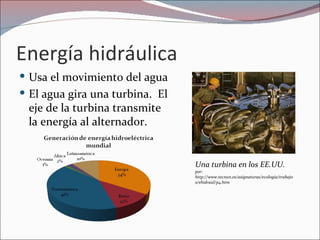 Energía hidráulica
 Usa el movimiento del agua
 El agua gira una turbina. El
 eje de la turbina transmite
 la energía al alternador.


                                 Una turbina en los EE.UU.
                                 por:
                                 http://www.tecnun.es/asignaturas/ecologia/trabajo
                                 s/ehidraul/p4.htm
 