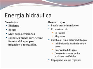 Energía hidráulica
Ventajas                       Desventajas
 Eficiente                     Puede causar inundación
 Barato                        El construcción
                                   10-15 años
 Muy pocos emisiones
                                   Muy caro
 Embalses puede servir como
                                Cambia el flujo natural del agua
  fuentes del agua para
                                   Inhibición de movimiento de
  irrigación y recreación.
                                    peces
                                   Peor calidad de agua
                                   Contaminaciones en los
                                    embalses artificiales
                                Impopular en sus regiones
 