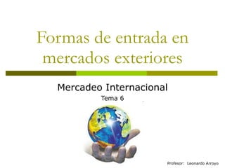 Formas de entrada en mercados exteriores Mercadeo Internacional Tema 6 Profesor:  Leonardo Arroyo  