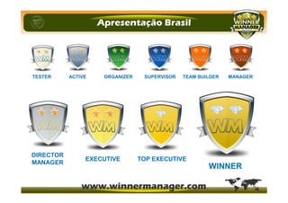 TOP EXECUTIVE
DIRECTOR
MANAGER
EXECUTIVE
TESTER ORGANIZERACTIVE SUPERVISOR TEAM BUILDER MANAGER
WINNER
 