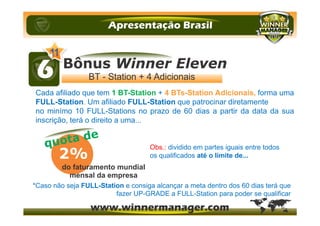 Cada afiliado que tem 1 BT-Station + 4 BTs-Station Adicionais, forma uma
FULL-Station. Um afiliado FULL-Station que patrocinar diretamente
no minímo 10 FULL-Stations no prazo de 60 dias a partir da data da sua
inscrição, terá o direito a uma...
Obs.: dividido em partes iguais entre todos
os qualificados até o limite de...
*Caso não seja FULL-Station e consiga alcançar a meta dentro dos 60 dias terá que
fazer UP-GRADE a FULL-Station para poder se qualificar
 
