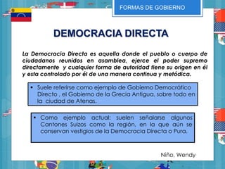 DEMOCRACIA DIRECTA
FORMAS DE GOBIERNO
La Democracia Directa es aquella donde el pueblo o cuerpo de
ciudadanos reunidos en asamblea, ejerce el poder supremo
directamente y cualquier forma de autoridad tiene su origen en él
y esta controlado por él de una manera continua y metódica.
 Suele referirse como ejemplo de Gobierno Democrático
Directo , el Gobierno de la Grecia Antigua, sobre todo en
la ciudad de Atenas.
 Como ejemplo actual: suelen señalarse algunos
Cantones Suizos como la región, en la que aún se
conservan vestigios de la Democracia Directa o Pura.
Niño, Wendy
 