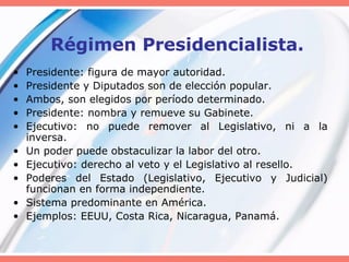 Régimen Presidencialista.
• Presidente: figura de mayor autoridad.
• Presidente y Diputados son de elección popular.
• Ambos, son elegidos por período determinado.
• Presidente: nombra y remueve su Gabinete.
• Ejecutivo: no puede remover al Legislativo, ni a la
inversa.
• Un poder puede obstaculizar la labor del otro.
• Ejecutivo: derecho al veto y el Legislativo al resello.
• Poderes del Estado (Legislativo, Ejecutivo y Judicial)
funcionan en forma independiente.
• Sistema predominante en América.
• Ejemplos: EEUU, Costa Rica, Nicaragua, Panamá.
 