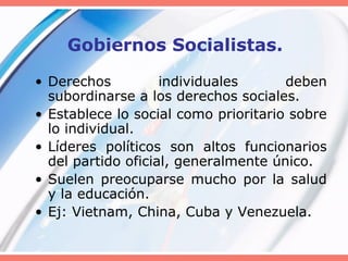 Gobiernos Socialistas.
• Derechos individuales deben
subordinarse a los derechos sociales.
• Establece lo social como prioritario sobre
lo individual.
• Líderes políticos son altos funcionarios
del partido oficial, generalmente único.
• Suelen preocuparse mucho por la salud
y la educación.
• Ej: Vietnam, China, Cuba y Venezuela.
 