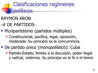 Clasificaciones regímenes políticos RAYMON ARON -# DE PARTIDOS- Pluripartidismo (partidos múltiples) Constitucional, pacífica, legal, oposición, moderada. Su principio es la concurrencia. De partido único (monopolístico): Cuba Partido-Estado, limites a la discusión, poder ilegal y radical, violencia. Su principio es la fe o el temor  