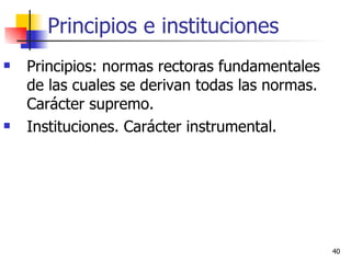 Principios e instituciones Principios: normas rectoras fundamentales de las cuales se derivan todas las normas. Carácter supremo. Instituciones. Carácter instrumental. 