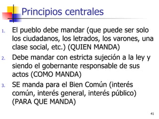 Principios centrales El pueblo debe mandar (que puede ser solo los ciudadanos, los letrados, los varones, una clase social, etc.) (QUIEN MANDA) Debe mandar con estricta sujeción a la ley y siendo el gobernante responsable de sus actos (COMO MANDA) SE manda para el Bien Común (interés común, interés general, interés público) (PARA QUE MANDA) 