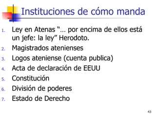 Instituciones de cómo manda Ley en Atenas “… por encima de ellos está un jefe: la ley” Herodoto. Magistrados atenienses Logos ateniense (cuenta publica) Acta de declaración de EEUU Constitución División de poderes Estado de Derecho 
