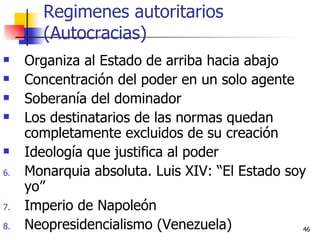 Regimenes autoritarios (Autocracias) Organiza al Estado de arriba hacia abajo Concentración del poder en un solo agente Soberanía del dominador Los destinatarios de las normas quedan completamente excluidos de su creación Ideología que justifica al poder Monarquia absoluta. Luis XIV: “El Estado soy yo” Imperio de Napoleón Neopresidencialismo (Venezuela) 